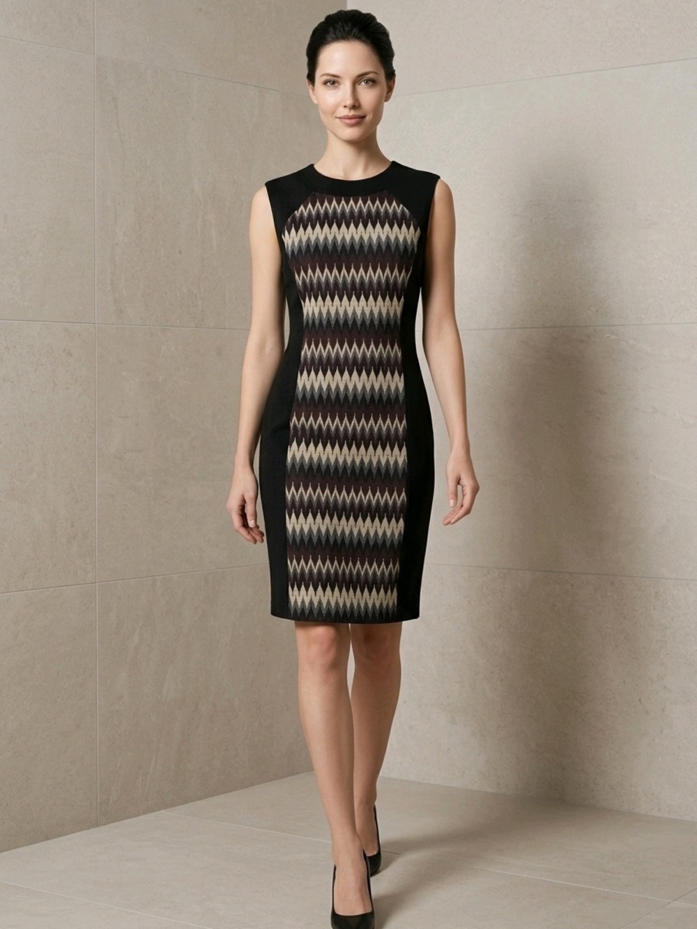 Nine West Black Sheath Dress with Chevron Taupe Panel